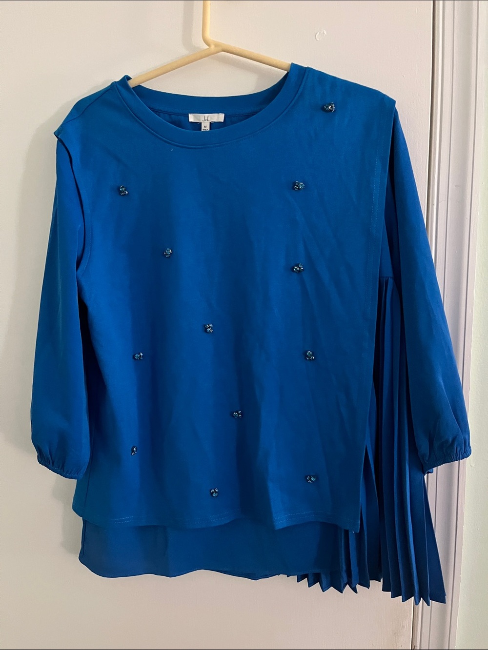 Embellished Royal Blue Long-Sleeve Blouse with Pleated Side Panel